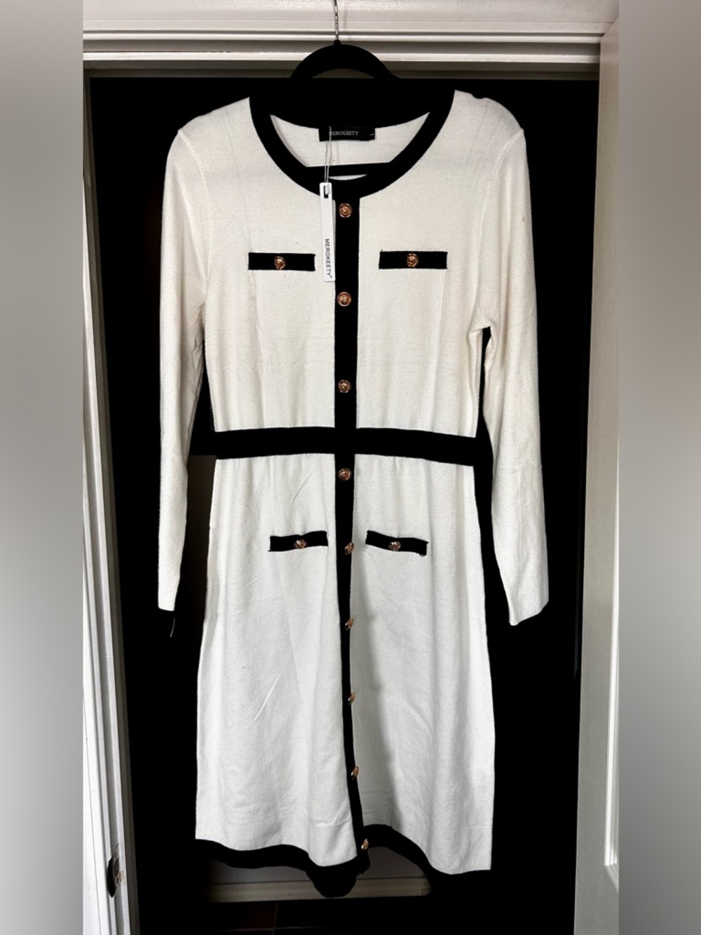 NWT MEROKEETY Parisian Chic Black & Cream Knit Dress with Gold Buttons Size L
